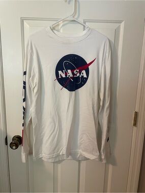 NASA White Long Sleeve Logo Tee - Red & Navy Graphic